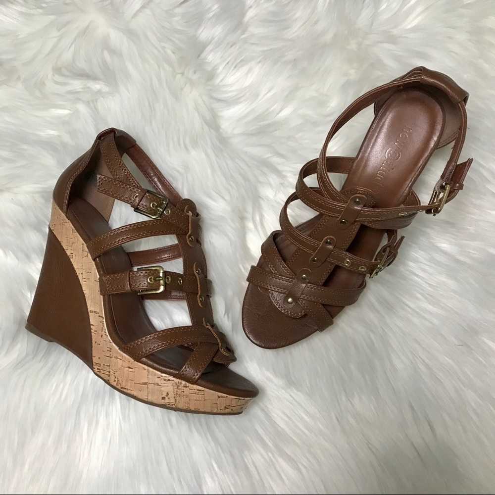 New Attitude Brown Faux Leather Cork Wedges 8